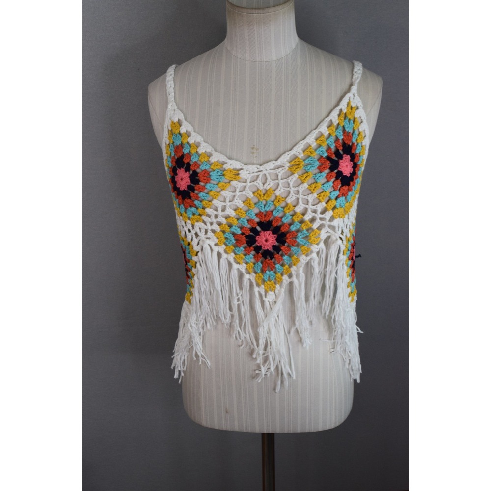 Crochet Tank Top Small White Multi Fringe Boho Festival Women New Vivid New York
